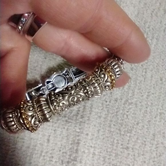 Two tone silvertone goldtone decorative stretch bracelet - Picture 1 of 6